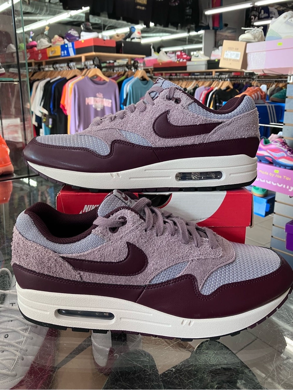 Nike Air Max 1 Essential PRM Cement Grey Burgundy Crush Size 11.5